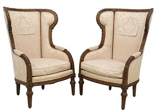 (2) LOUIS XVI STYLE UPHOLSTERED WINGBACK BERGERES