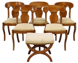 6) LOUIS PHILIPPE STYLE FRUITWOOD CHAIRS & OTTOMAN