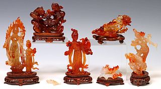 6) CHINESE CARVED HARDSTONE FIGURES & BOWL