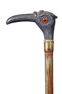 1.Silver Bird Cane-Ca.1890- A silver-plate long beak bird with orange and black glass eyes, high relief casting, gold-filled 