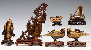 (6) CHINESE CARVED TIGER'S EYE CABINET FIGURES