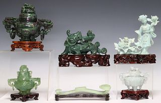 6) CHINESE CARVED HARDSTONE RUYI, FIGURES, CENSERS