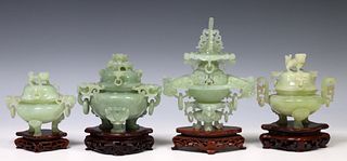 (4) CHINESE CARVED GREEN HARDSTONE COVERED CENSERS