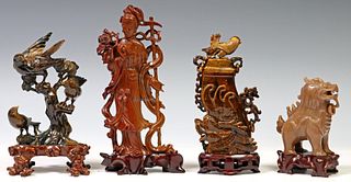 (4) CHINESE CARVED TIGER'S EYE & HARDSTONE FIGURES