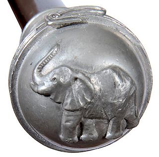 5. GOP Political Cane-Ca. 1930- A signed English pewter handle with a cast high relief Elephant atop, a pewter belt with buck