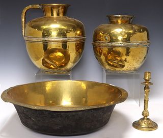 (4) FRENCH BRASS PITCHER, VESSELS & CANDLESTICK