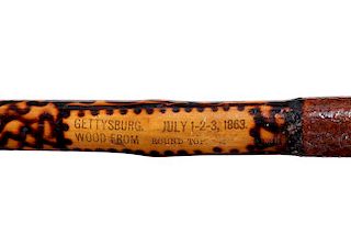 12. Civil War Gettysburg Cane- Ca 1900- A one piece shaft stamped “Gettysburg July 1-3, 1863, wood from Roundtop,” pyro d