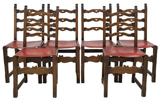(6) BAROQUE STYLE OAK & LEATHER DINING CHAIRS