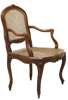 FRENCH PROVINCIAL LOUIS XV STYLE CANED FAUTEUIL
