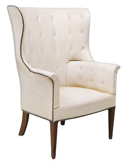 GEORGE III STYLE IVORY UPHOLSTERED WING ARMCHAIR