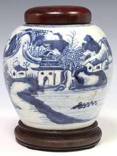 CHINESE BLUE & WHITE PORCELAIN GINGER JAR ON STAND