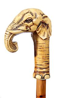 24. G.O.P. Political Cane- Ca. 1935- A molded celluloid elephant with no inscriptions, bamboo shaft and a metal ferrule. H.- 