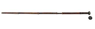 80. Blow Gun Cane- Ca. 1880- A nice brass compartment handle which unscrews to expose a chamber by which a person can fire th