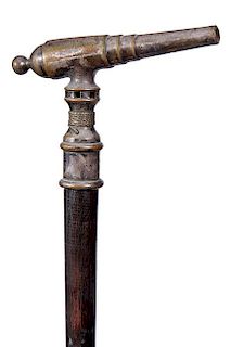 95. Nautical Cheroot Cannon Cane- Ca. 1890- A silver plated brass cannon with a nautical motif, as mentioned above the cheroo