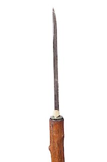 97. Flick Stick- Ca. 1880- A nice knobby country cane with a 7” blade atop, when the shaft of the cane is flicked the blade