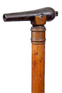94. Early Cheroot Cannon Cane- Ca. 1860- Much like the previous lot but much older with an iron cannon barrel, copper collar,