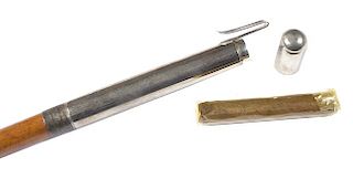 107. Silver Cigar Cane- Ca. 1930- An unusual cigar container which is silver metal and about 8” long, the container has a b