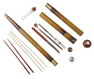 108. Asian Picnic Cane- Ca. 1890- An unusual three compartment picnic cane with various tools and utensils, it contains every
