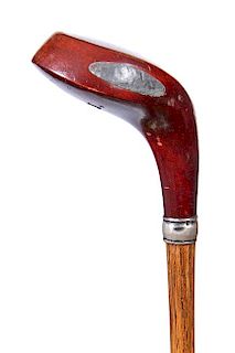 118. Golf Club Cane- Ca. 1930- A nice Sunday stick with a small wood for the handle, silver metal collar, hickory shaft and a
