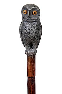 123.Owl  Nutmeg Grinder- Late 19th Century- An expertly cast owl with two color glass eyes which doubles as a nutmeg compartm