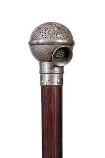 130. Cricket Cage Cane- Ca. 1880- An unusual Japanese cricket cage ball cane handle which unscrews from the shaft, a small cr