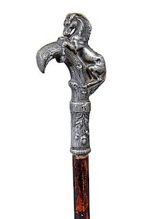 136. Stallion Dress Cane- Ca. 1900- A small pewter stallion, flexible shaft which probably doubled as a riding crop and a sma