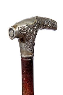 138. Reptile Gig System Cane- Ca. 1890- A most unusual silver handle with a compartment atop that holds a three prong speared