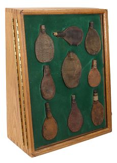 (9) LEATHER SHOT POUCHES 19th C & FINE DISPLAY BOX