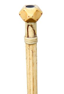 152. Nautical Whalebone Cane- Ca. 1865-  A whale’s tooth handle with a small baleen disc atop, whale’s tooth collar with 