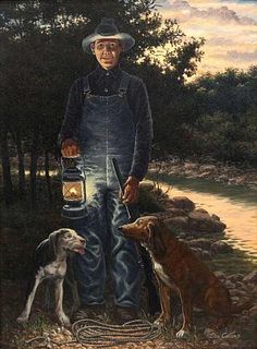 DON COLLINS (TX 20TH C.) PAINTING HUNTER WITH DOGS