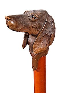 160. Folk Art Hound Dog Cane- Ca. 1930- An absolute wonderful carving probably done in the Black Forrest, a pair of color gla