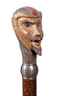 161. Devil? Automatic Cane- Ca. 1900- A precise carving of a gentlemen  that looks much devilish, the handle retains most of 