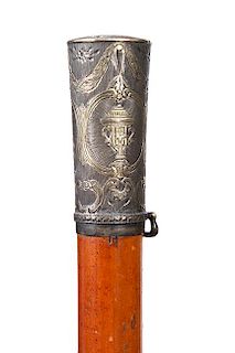 164. Silver Court Cane- Ca. 1780- A beautiful handmade silver handle with various designs including soldiers with swords on h