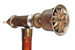 175. Ornate Ear Trumpet Cane- Ca. 1880- An unusual brass ear trumpet which is partially silver plated with ornate work within