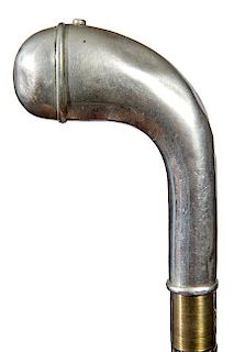 179. Cigar Lighter Cane- Ca. 1925- Silver metal handle has a push button atop and when the button is pressed the spring loade