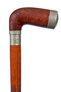 181. Pipe System Cane- Early 20th Century- A traveling briar pipe which can be carried packed due to the metal screw off top,