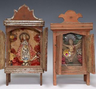2) CARVED & PAINTED WOOD NICHO WITH SANTOS, MEXICO