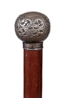 186. Tailor’s System Cane- Late 19th Century- British hallmarked silver handle which when removed produces a measuring tape