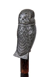 184. Nutmeg Grinder- Late 19th Century- An expertly cast owl with two color glass eyes which doubles as a nutmeg compartment 