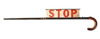 190. Crossing Guard Stop Sign- Ca. 1925- A working “Saf-a-kros Cane Co.” system cane, exotic wood handle with push button