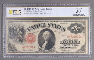 US SERIES 1917 $1 RED SEAL NOTE, PCGS VERY FINE 30