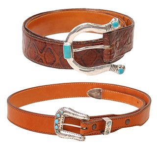 (2) WESTERN LEATHER BELTS SILVER TURQUOISE BUCKLES