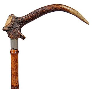 215. Gun Cane - Ca. 1880 – A stag 9” handle which unscrews from the shaft to be loaded with a center fire cartridge, trig