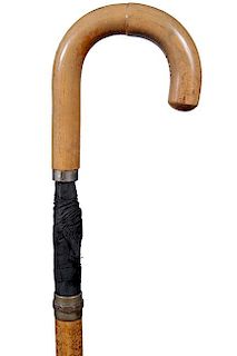 222. Umbrella Cane – Ca. 1900 – Malacca telescoping raindrop shaft in working condition, small woven collar attached to a