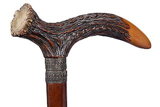 242. Massive Faux Antler Cane – Ca. 1870 – A faux antler which was carved to full with original finish and high relief de