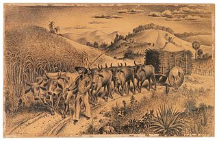 PERCY LAU (1903-1972) PEN & INK DRAWING OX CART