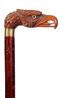 246. Carved Folk-Art Eagle Cane – Ca. 1880 – A high-relief carved eagle with a realistic beak and tongue, a pair of two c