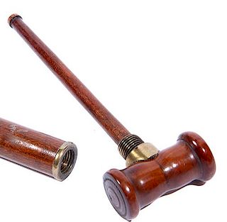 249. Judge’s Gavel System Cane – Ca. 1920 – A nice walnut dress cane and gavel with original patina, turned walnut gave