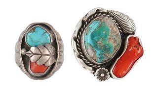 (2) GENT'S NATIVE AMERICAN TURQUOISE & CORAL RINGS