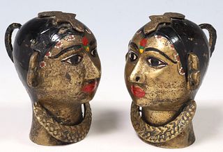 (2) PAINTED BRASS FIGURAL GAURI HEADS, INDIA